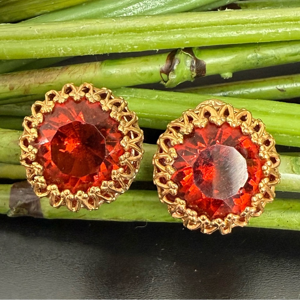 Vintage LEWIS SEGAL Dark Amber Orange Rhinestone Gold-tone Omega Clip Earrings